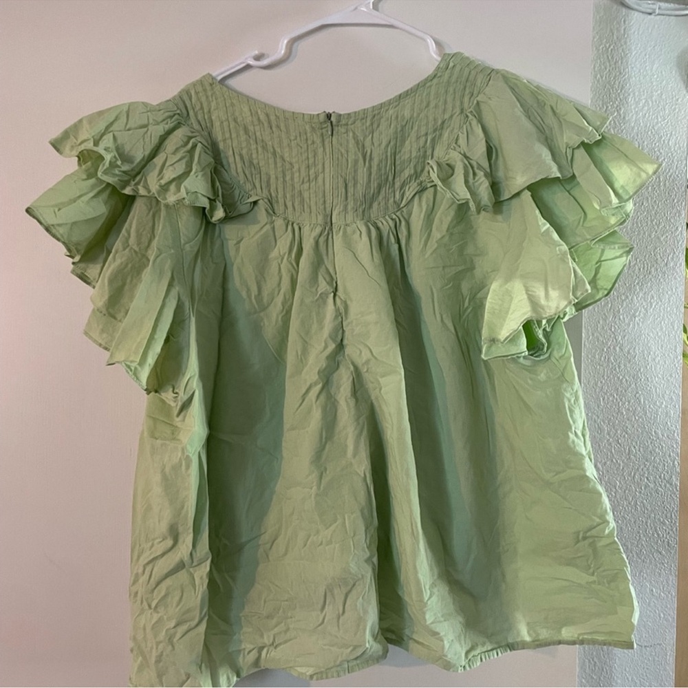 Ivy City Co Green Flutter Sleeve Blouse with Mandarin Collar